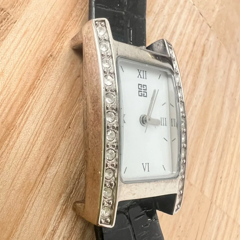 Vintage Givenchy ladies rectangle silver tone leather dress watch NEW BATTERY